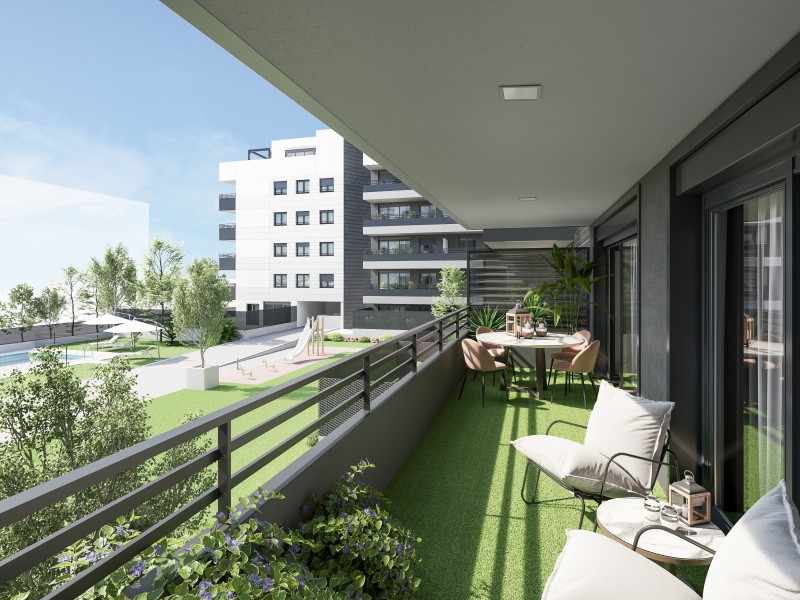 Terraza de vivienda de SIlk Homes con vistas a la zona común. Infografía provisional a concretar en el desarrollo del proyecto.