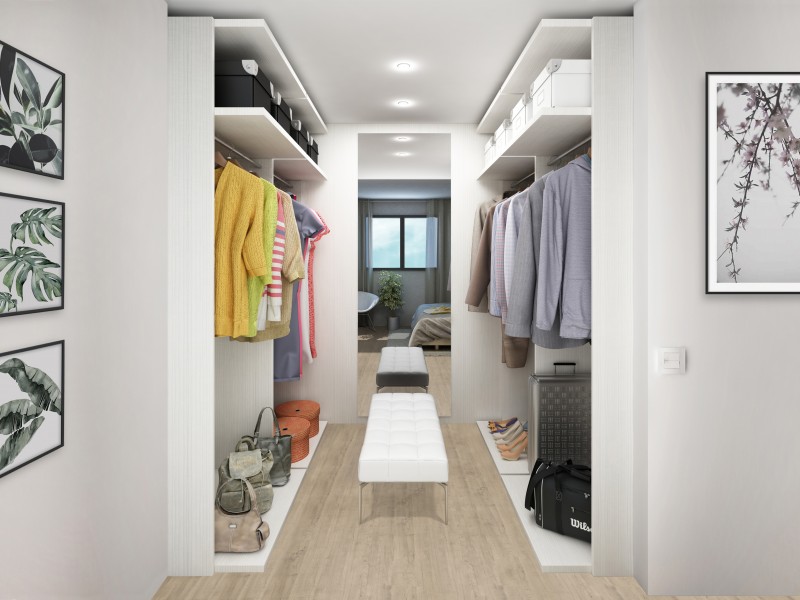 Vestidor independiente en dormitorio principal tipo suite. Infografa orientativa a concretar en el desarrollo del proyecto. Espejo no incluido.